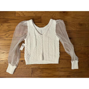 NWT$128  Anthropologie Knit Puff Sheer Sleeve Cropped Top Blouse V neck Ivory XS